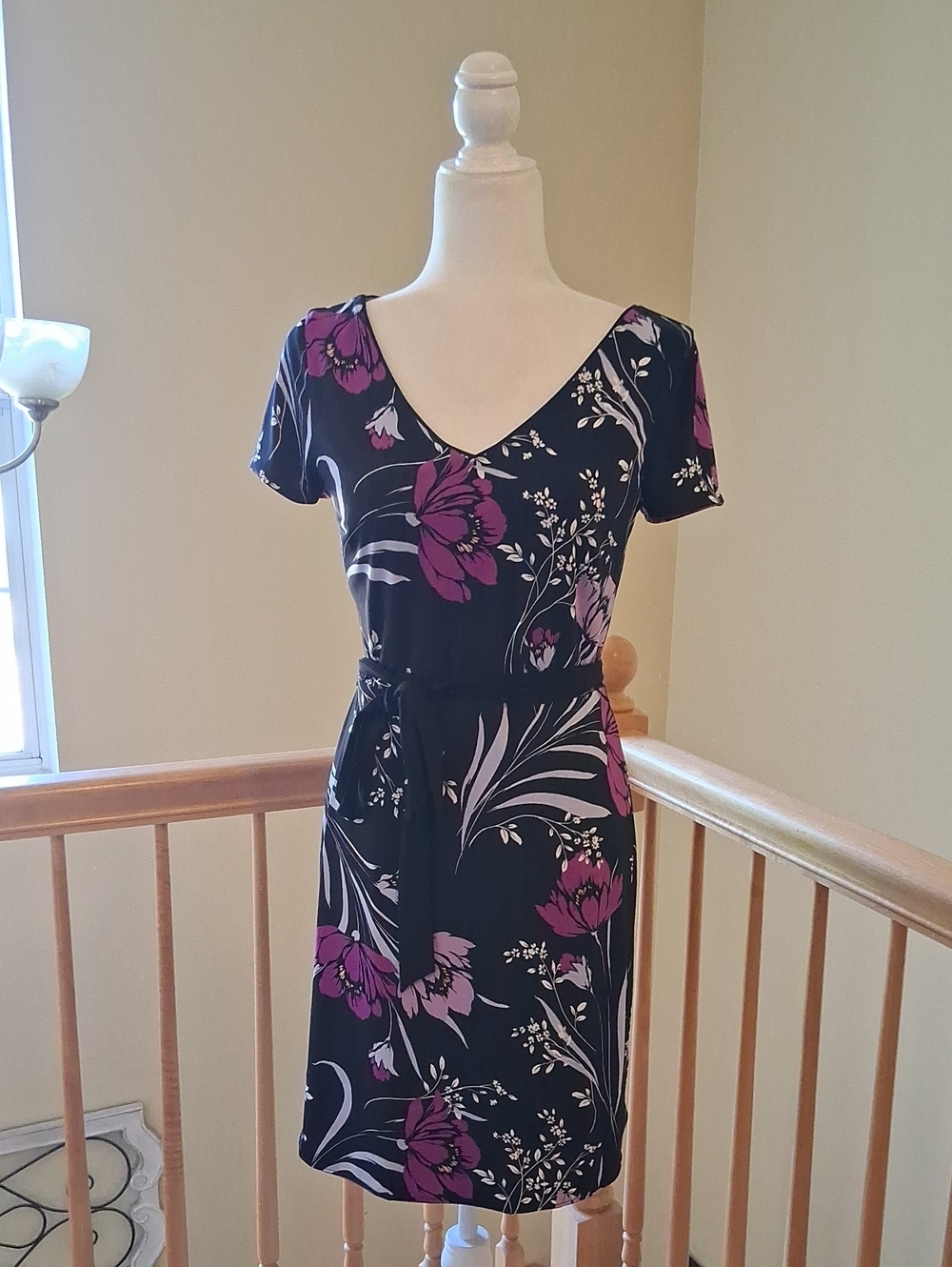 White House Black Market Black Floral Midi Dress with Purple Accents Reversible